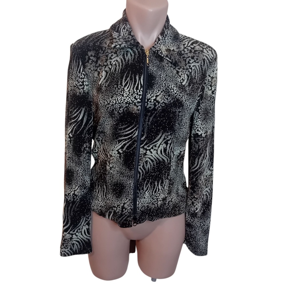 Vintage Joseph Ribkoff Animal Print Jacket Double Zip Sparkle Career Party Top 8